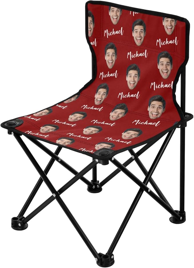 Sinestour Dark Red Custom Photo Folding Camping Chair for Teen Child Personalized Name 14.6×14.6in Portable Outdoor Chair with Carry Bag for Beach Picnic Barbeques