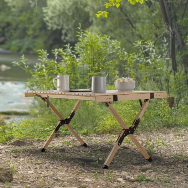 Foldable Camping Table - Roll Up Folding Table - Easy Assembly Portable Picnic Table with Carry Bag - Indoor or Outdoor Low Height Travel Party or Beach Table by Wakeman Outdoors (Natural Wood)