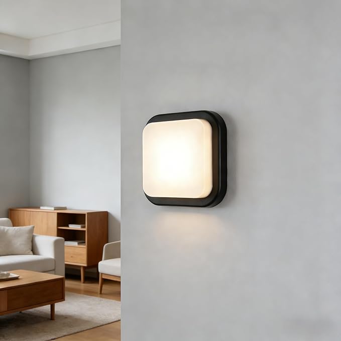 LANFU LED Modern Square Outdoor Wall Sconce Light 3000K Outside Light for House Patio Black Warm White IP64 Waterproof Exterior Wall（7inch）