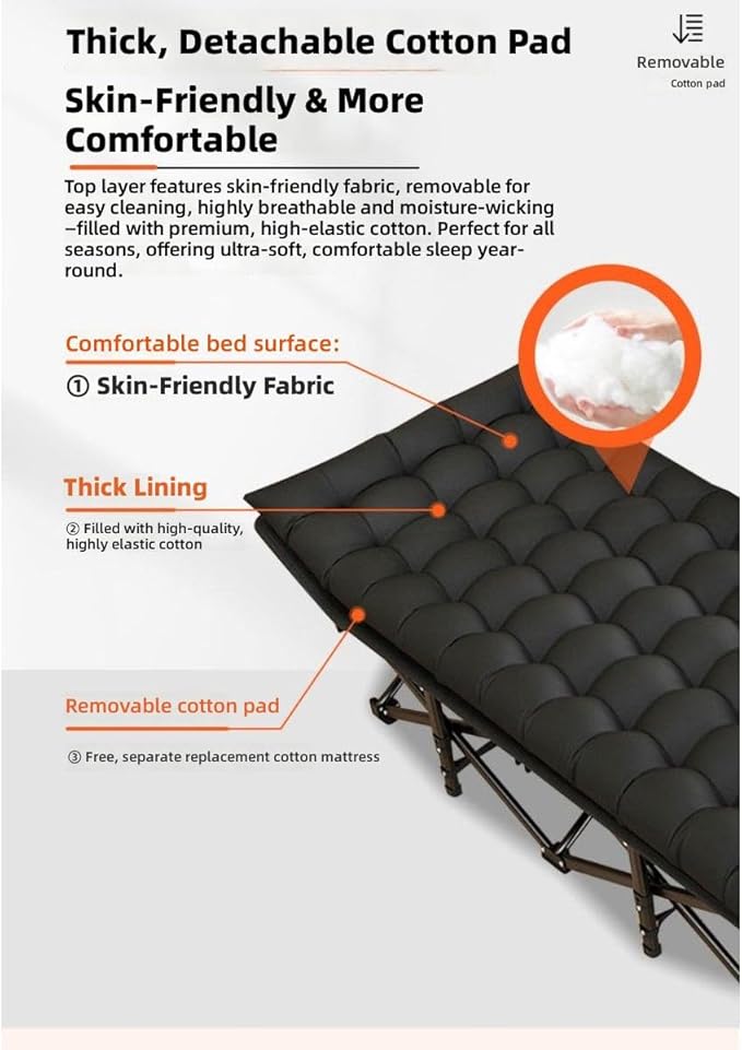 Folding Cot Lounge Chair with Removable Cushion Portable Heavy Duty Adjustable Pillow Reclining Compact Design for Outdoor Beach Camping Patio Garden