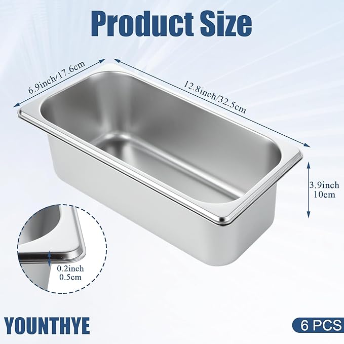 6PCS Hotel Pans Stainless Steel Steam Table Pan 1/3 Size 4 Inch Deep Steam Pan Catering Storage Metal Food Catering Tray for Hotel Restaurant Buffet Party