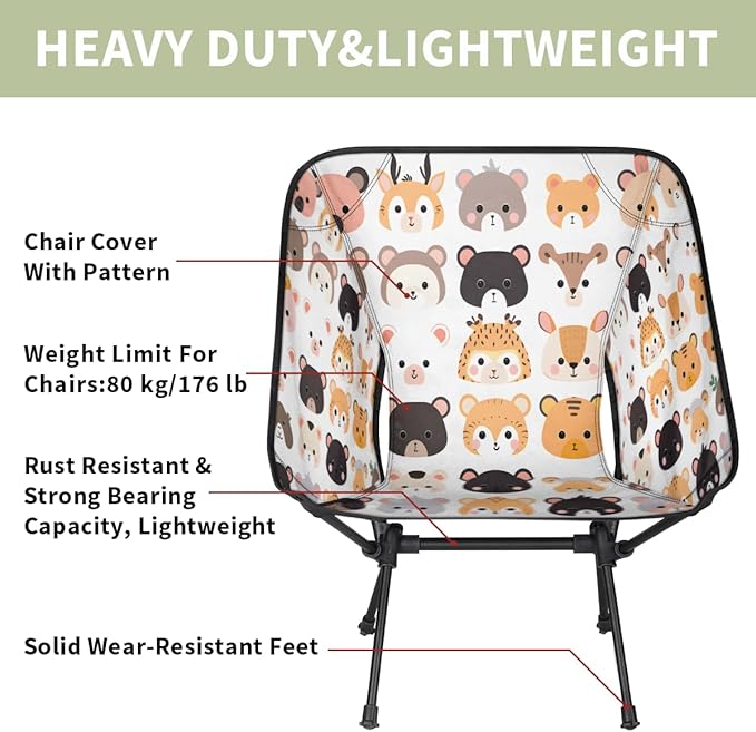 Animal Deer Face Theme Camping Chair Lightweight Portable Chairs for Adults Easy Installation Outdoor Foldable Camping Chair for Camping Fishing Hiking Picnic Beach