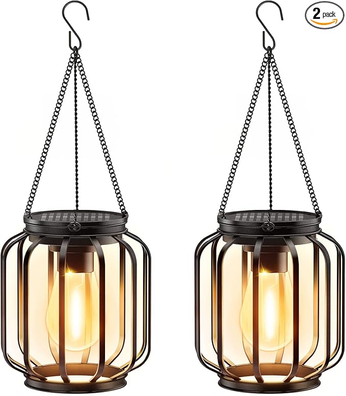 Solar Hanging Lanterns Outdoor: 2 Pack Metal Solar Hanging Lights with Hook Bright - Warm Waterproof LED Lanterns for Outside Classic Decorative Solar-Powered Light for Yard Garden Patio Porch Decor