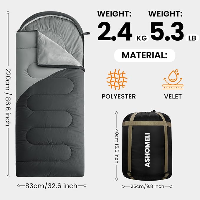 ASHOMELI Camping Sleeping Bags for Adults - 4 Season Warm &amp Cool Weather - Summer Spring Fall Winter Lightweight Waterproof Sleeping Bag for Camping Traveling Indoors and Outdoors