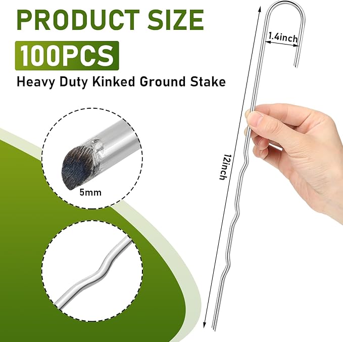100 Pcs Kinked Ground Stakes 12 Inch Metal Garden Fence Edging Hook Heavy Duty J Shaped Galvanized Tent Fence Spikes for Dogs Digging Canopy Outdoor Yard Christmas Inflatables Decorations