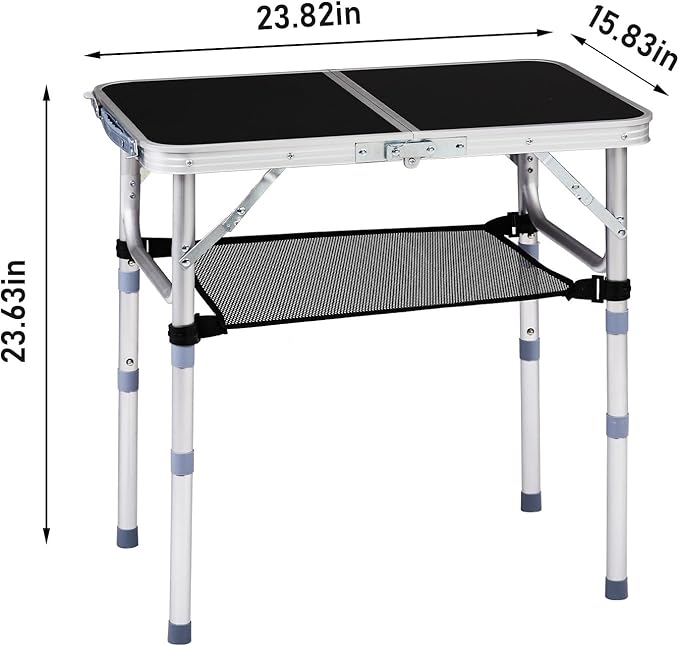 Portable Aluminum Folding Camping Table3-Height Adjustable Lightweight Outdoor Table with Mesh Storage Carry Handle for Picnic BBQ Beach Hiking (Black 2ft)