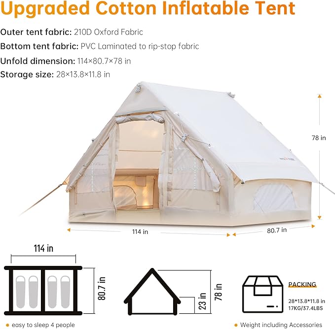 Inflatable Camping Tent with Pump Glamping Tents Easy Setup 4 Season Waterproof Windproof Outdoor Blow Up Tent Luxury Cabin Tent with Mesh Windows &amp Doors