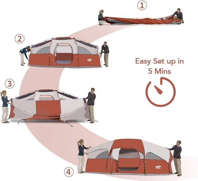 CAMPROS CP Tent 8 Person Camping Tents Weather Resistant Family Tent 5 Large Mesh Windows Double Layer Divided Curtain for Separated Room Portable with Carry Bag
