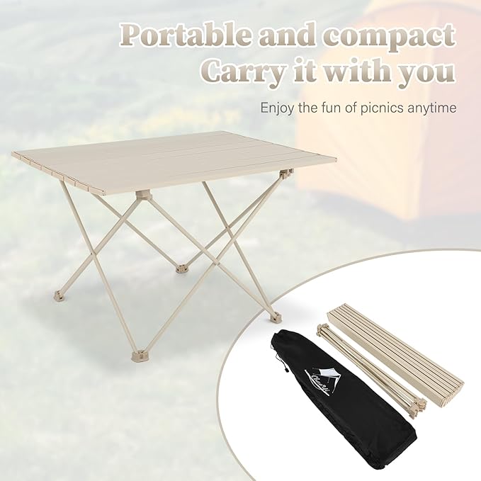 FAHKNS Portable Camping TableFolding Side Table Aluminum Top for Camping Hiking Backpacking Outdoor Picnic（27 D x 18 W x 16 HOff White）