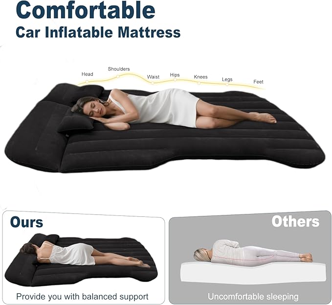 Car Air Mattress - Inflatable Camping Bed Compatible with Tesla Model Y Thickened Flocked AirBed for Trunk/Backseat/Sedan/SUV/RV Sleeping Pad for Camping Travel Outdoor Black