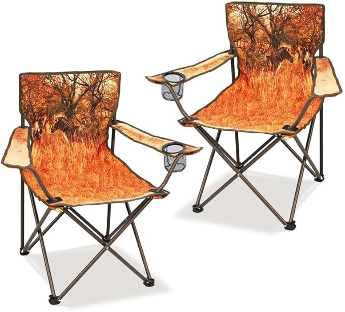 2 Pcs Animal Pattern Camping ChairFolding Backpacking Lightweight Beach Chair w/Cup HolderSide PocketCarry BagPortable Adults Lawn Chair for Family OutdoorHikingPartiesZebra