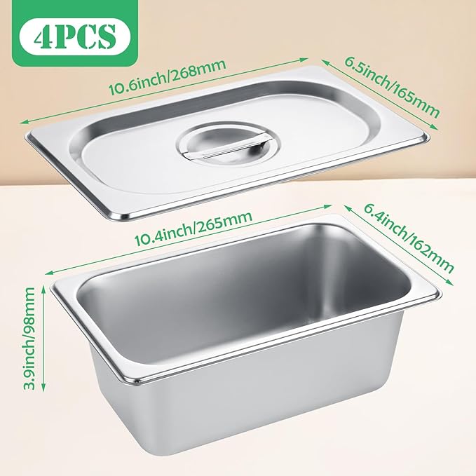 LANIAKEA 4PCS Hotel Pans with Lids Stainless Steel Steam Table Pan Restaurant Supplies 1/4 Size x4 inch Deep Stainless Steam Table Pans Hotel Pan Trays for Food
