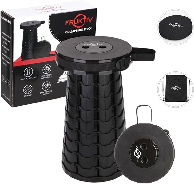 Telescopic Stool Portable &amp Collapsible Sturdy Foldable with Cushion &amp Carry Bag 550lbs Load Capacity Indoor &amp Outdoor Retractable Camping Stool (Black)