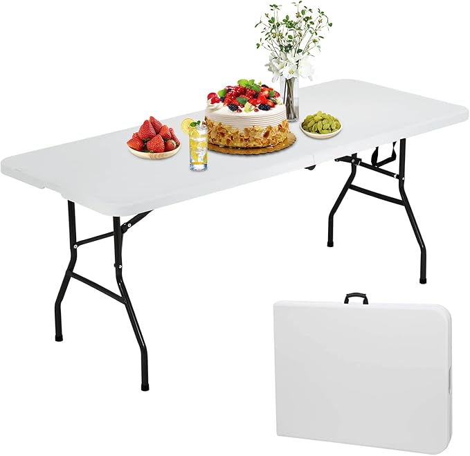 6 Ft White Folding Table Portable Table Camping Table Outdoor Collapsible Dinner Table Outdoor Tables for Patio Yard Wedding Party Cocktail Display