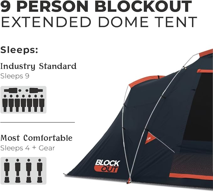 CORE Blackout 6 Person &amp 9 Person Dome Tent | Best Car Camping Outdoor Family Camp Tent | Included Storage Pockets for Camping Accessories | Portable Tent for Camping with Carry Bag
