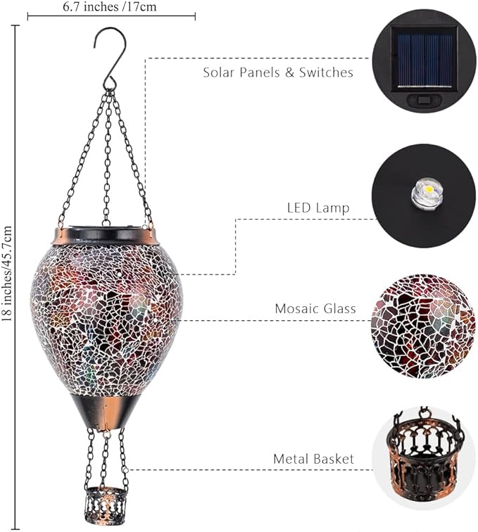 Mosica Hot Air Balloon Solar Lantern with Flame Glass Hanging Solars Lanterns Outdoor Waterproof Decorative Solar Light for Garden Yard Patio Decor