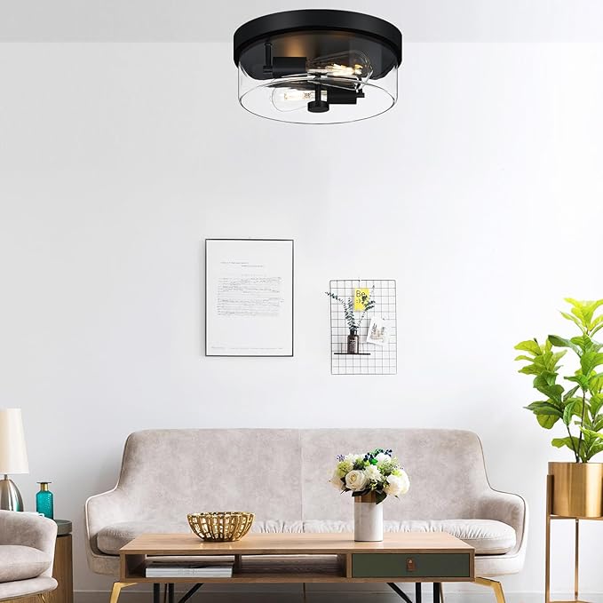 Flush Mount Ceiling Light Fixtures 2-Light Black Ceiling Mount for Farmhouse with Clear Glass Lampshade Industrial Flush Mount Light Fixture for Hallway Kitchen Entryway and Foyer