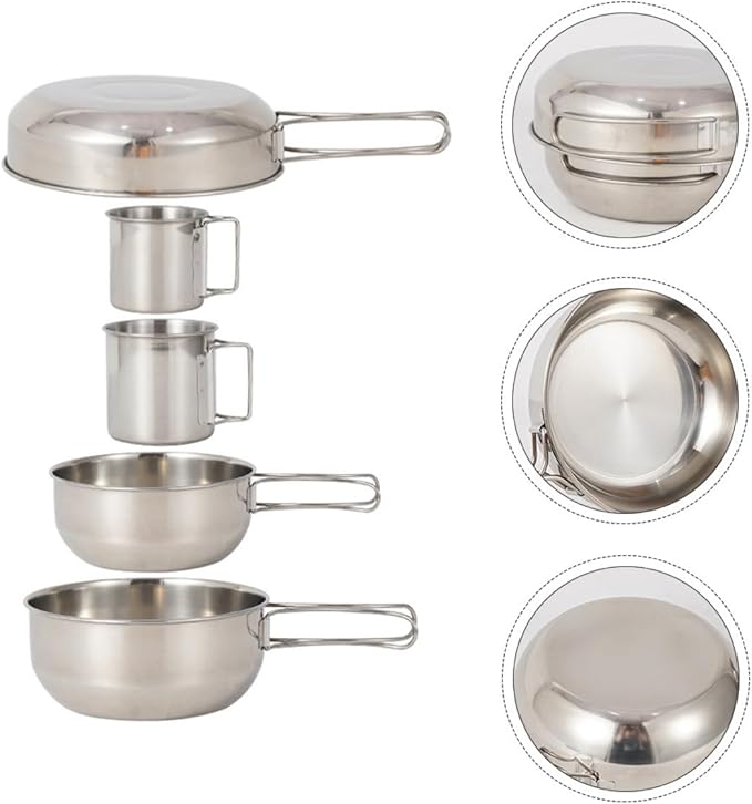 5pcs Stainless Steel Mess Kit Set with Pot Cup Frying Pan for Outdoor Camping Hiking Fishing and Picnic Cookware