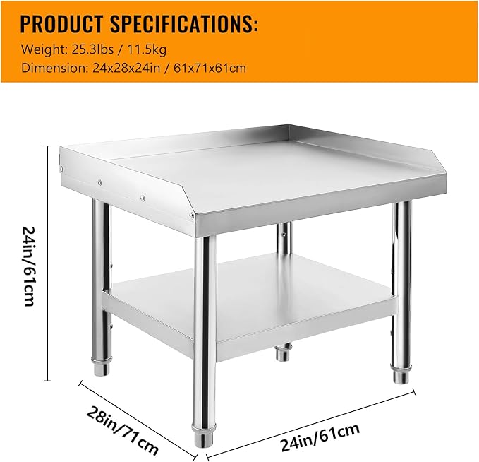 Stainless Steel 24x28x24 in Equipment Grill Stand Table 1000 LBS Top Shelf 220 LBS Bottom Shelf Adjustable Legs 2 in Edge Baffle for Hotel Home Commercial Restaurant Kitchen