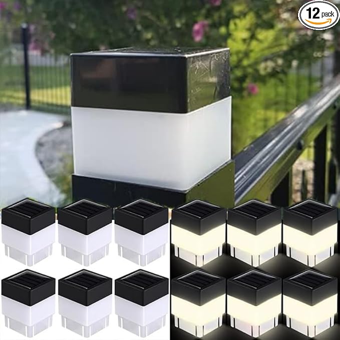 Fence Lights Solar Powered Solar LED Fence Post Cap 2In x 2In(5cm x 5cm) for Wrought Iron Aluminum Garden &amp Outdoor (Warm Light 12)