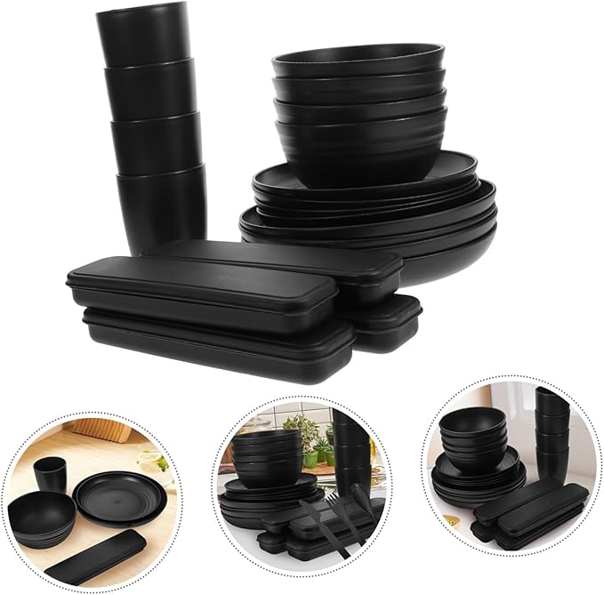 4sets Black Picnic Camping Utensil Set Cutlery Case Bowl Plate Cup Rv Dishes Dish
