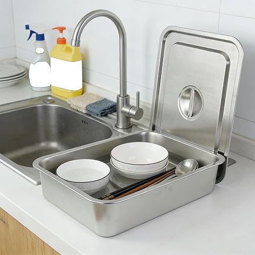 3 Pcs Stainless Steel Bus Tubs with Lid 4 Deep Meat Commercial Tote Box 17.7 x 13.7 Inch Silver Table Pans Dishwashing Utility Prep Tub for Daily Household Tasks Restaurant Services
