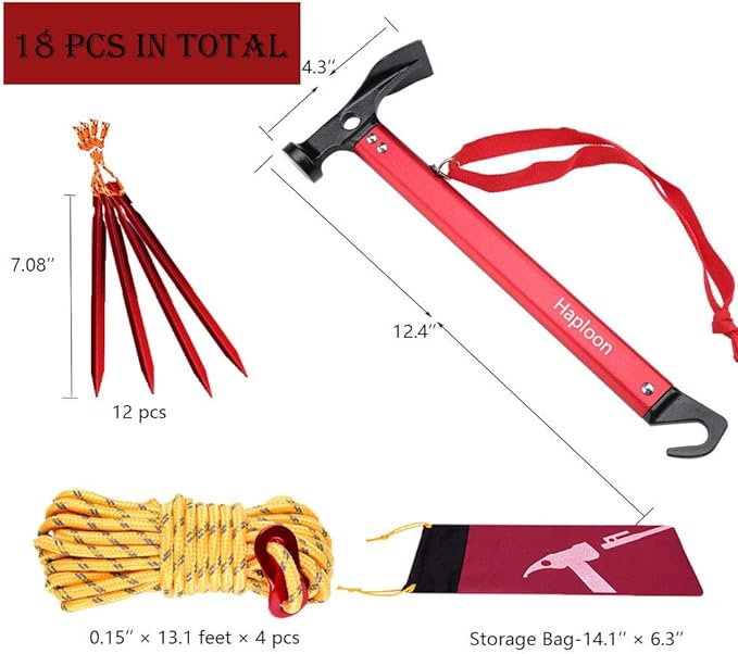 Haploon 12 Pack Tent Stake and Hammer Camping Accessories Kit Aluminum Tent Mallet Stake Hammer with 7 Inch Metal Tent Pegs Nylon Guyline Rope 4x13ft with Cord Adjuster and Canvas Storage Bag