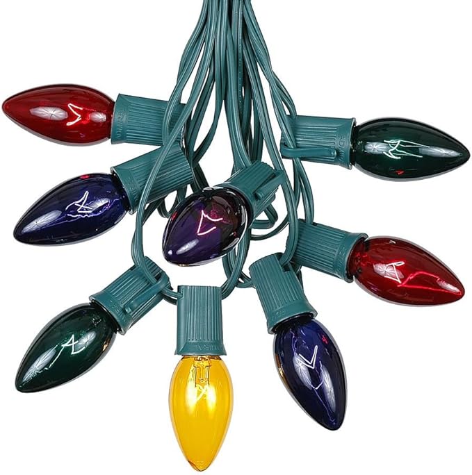 C9 Multi Christmas Light Set - Outdoor/Indoor Hanging Lights - Roofline/Patio String - Green Wire - 25 Ft
