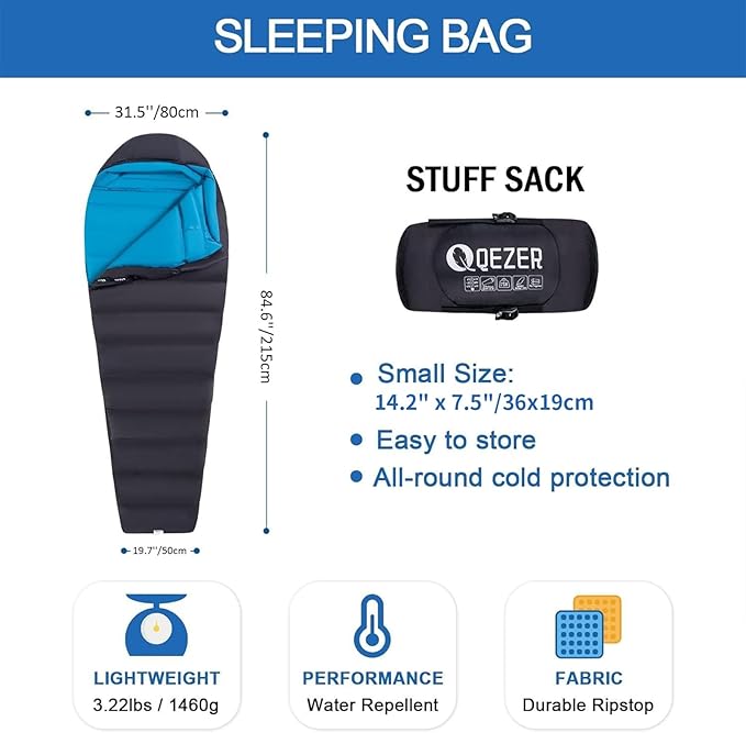 Down Sleeping Bag for Adults 0 Degree Warm Winter Mummy Lightweight Compact Outdoor Sleeping Bag for Camping Backpacking Hiking Cold and Warm Weather with 600 Fill Power Down