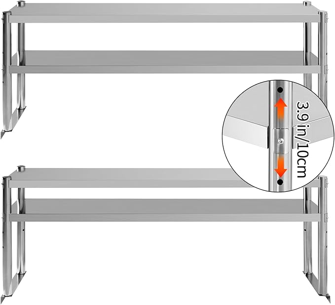 Stainless Steel Double Overshelf 60''L x 12''W Commercial 2 Tier Overshelf Height Adjustable Overshelf for Prep Work Table in Kitchen Restaurant