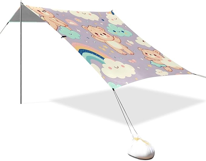 Cartoon Bear Sky Element Camping Sun Shelter Beach Tent Portable Beach Sun Shade Outdoor Canopy for Camping Trips Fishing Picnic