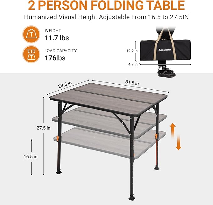 KingCamp Folding Glass Fiber Camping Table Portable Camp Table with Adjustable Height Aluminum Legs &amp Carry Bag for Outdoor Picnic Beach Party Indoor Use for 2-4 People