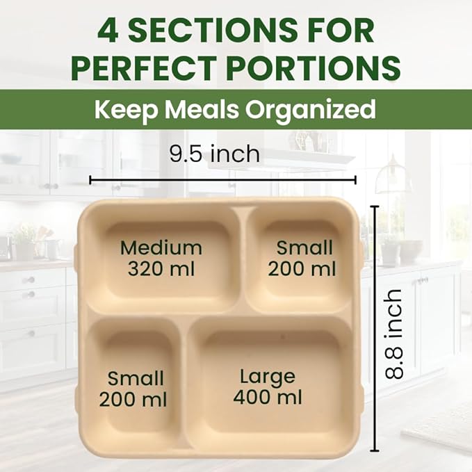 Dtocs Compartment Plates Disposable (40 Pcs) 4 Portions | Bamboo Fiber Heavy Duty Sectional Lunch Trays for Camping Catering Buffet Dinner | Microwavable Leak-Proof Multipurpose Divided Plates