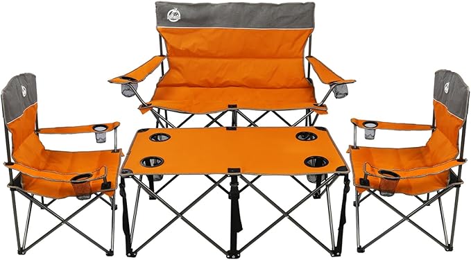 Northroad Folding Camping Chair Set of 4 Portable Collapsible Conversation Set w/1 Sofa 2 Single Chairs 1 Table for Family Patio Outdoor Travel Beach(Orange)