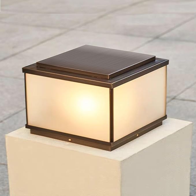 All Copper Steel Glass Outdoor Post lights Waterproof Pillar Light Vintage Patio Lawn Column Lampoutdoor column lightsDeck Lights Lantern Fence Lamp Fixture E26 Base (Frosted glass 12X12IN)