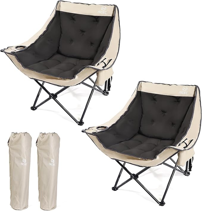Nice C Padded Camping Chair Oversized Camping Chairs Oversized Thick Padded Folding Chairs Outdoor Sports Chair Heavy Duty with Cooler Bag Cup Holder Side Pockets (2 Pack)