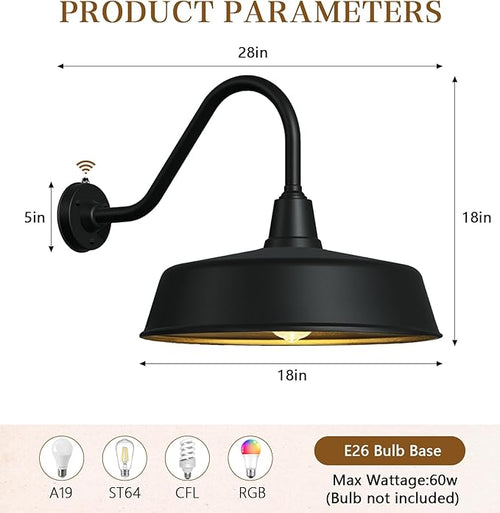 18 Inch Large Dusk to Dawn Outdoor Gooseneck Barn Lights Classic Black Farmhouse Barn Porch Lights for Garages Shops Outdoor Sconces.
