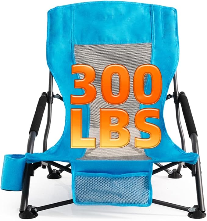 Portable Folding Beach Chair for Adults - Lightweight Low Back Sling Chair with Cup Holder &amp Storage Pocket 300lbs Capacity Camping Chair for Outdoor Lawn Concert Travel (Blue)
