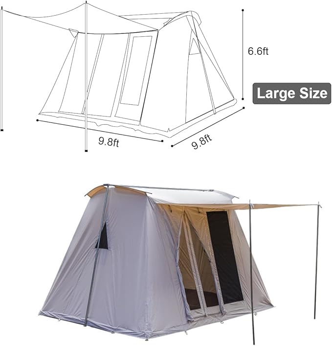 UNISTRENGH Waterproof Cotton Canvas Cabin Tent 4 Season Outdoor Family Camping Tent Shelters with Awning &amp Extra Wide Mesh Doors