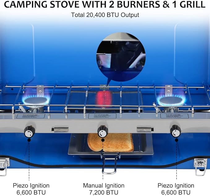 Camplux Camping Stove 20400 BTU 1 Grill &amp 2 Burners Propane Stove for Outdoor Cooking