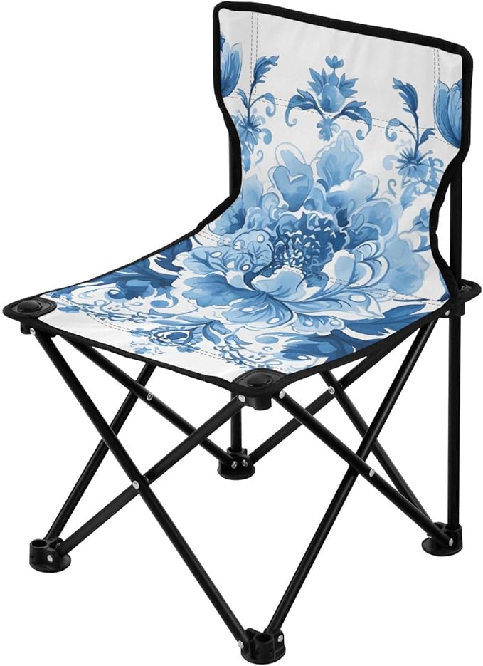 Flowers Blue Portable Camping Chairs Folding Chair - Durable Oxford Fabric Lightweight Iron Frame Easy Fold Design - Ideal for Outdoor Activities Camping Fishing and Travel