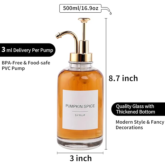 Coffee Bar Accessories - Glass Coffee Syrup Dispenser with 84 Syrup Labels (Set of 2) Fancy Pump Dispenser 16.9 oz Gold