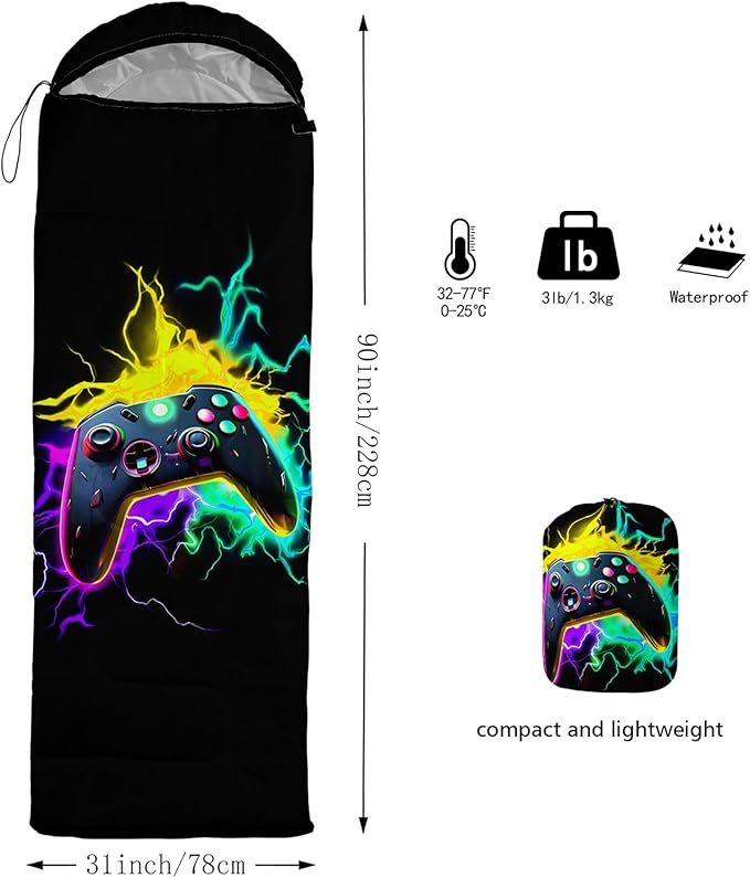 Axolotl Gaming Sleeping Bag for Boys Girls KidsGamepad Waterproof Portable Camping Bag3 Season Warm Cool Weather Lightweight Compact Camping Essentials Gear for Travelling Hiking Green Purple Orange
