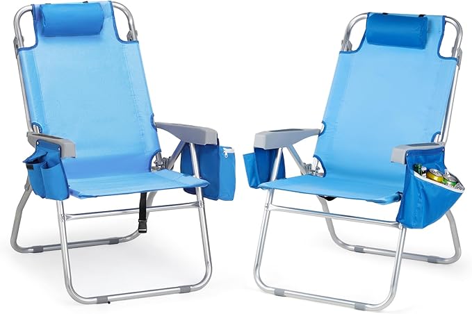 VINGLI 2 Pack Tall Beach Chair 16 with 5-Position Cooler Bag Cup Holders Towel Bar Lightweight Folding Beach Camping Chairs for Adults
