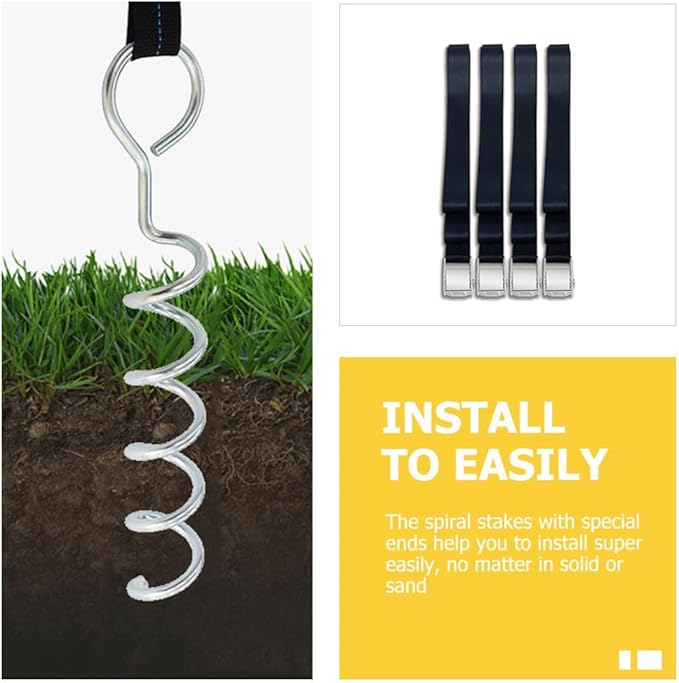Toyvian Spiral Tent Stakes and Wear-Resistant Metal Ground Anchors with Tie Straps Portable Dog Anchor Kit for Outdoor Camping Garden and Trampoline Securement (4 Stakes + 4 Straps)