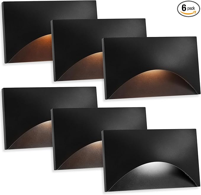 Energetic 120V LED Stair Lights - 2200K/2700K/3000K/4000K/5000K Outdoor Step Lights 3W Dimmable Stairway Lights Indoor CRI90 ETL Listed Wet Location Aluminum 5CCT Black Pack of 6