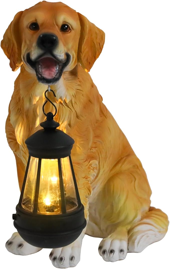 Afirst Solar Dog Statue Garden Decor Outdoor Statue Decor with Solar Lantern Valentine's Day Gift Lovely Golden Retriever Figurine Patio Lawn Yard Art Ornaments Housewarming Gift