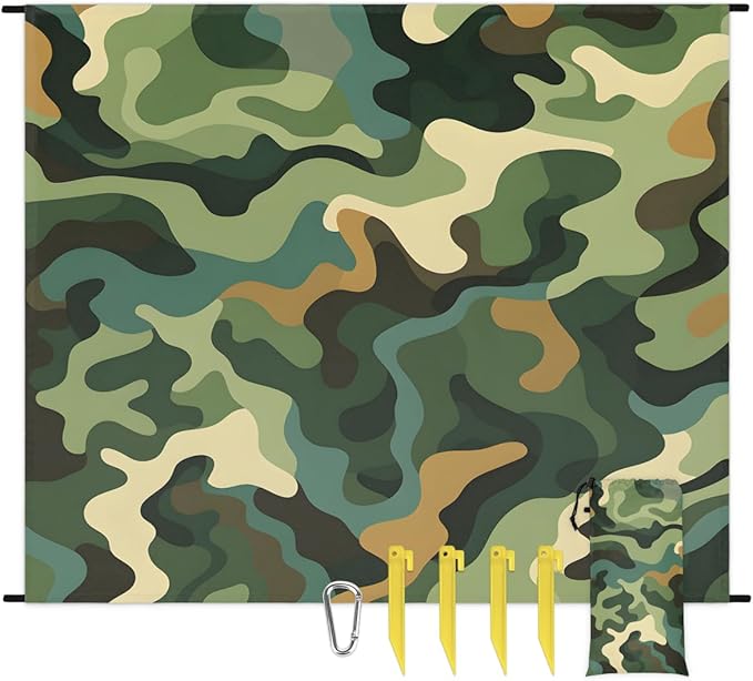 Waterproof Sandproof Beach Blanket 59''×68'' Camouflage Polyester Outdoor Picnic Blanket with 4 Stakes &amp Storage Bag for BeachCampingVacation Greener