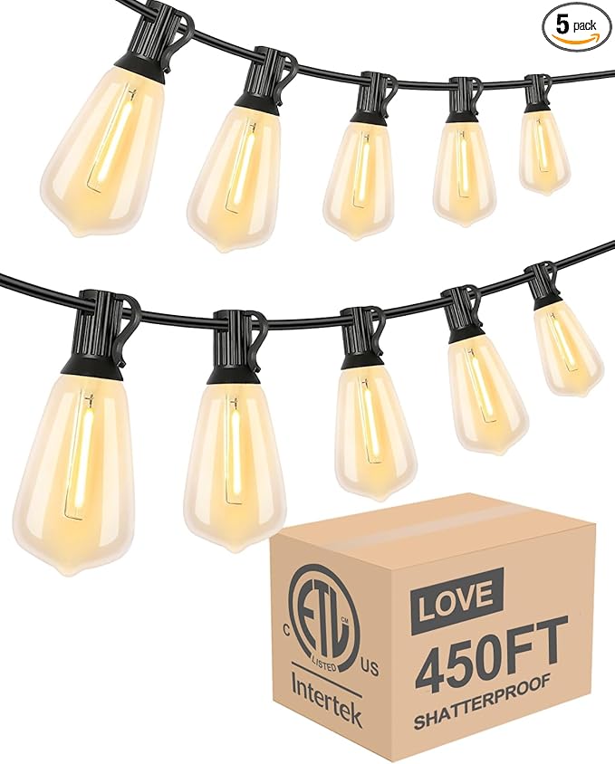 Lightdot 450FT Outdoor String Lights LED Bistro String Lights with Shatterproof ST38 Bulbs 2200K Dimmable Waterproof Hanging Lights for Porch Party Garden Backyard Balcony