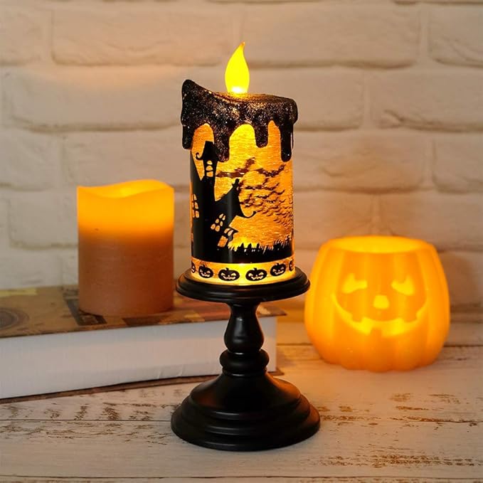 Eldnacele Halloween Snow Globe Candles Lighted Lamp Battery Operated Spooky Spinning Water Glittering Tornado Candle Flameless Candles Table Centerpiece for Halloween Decoration Indoor(Castle)